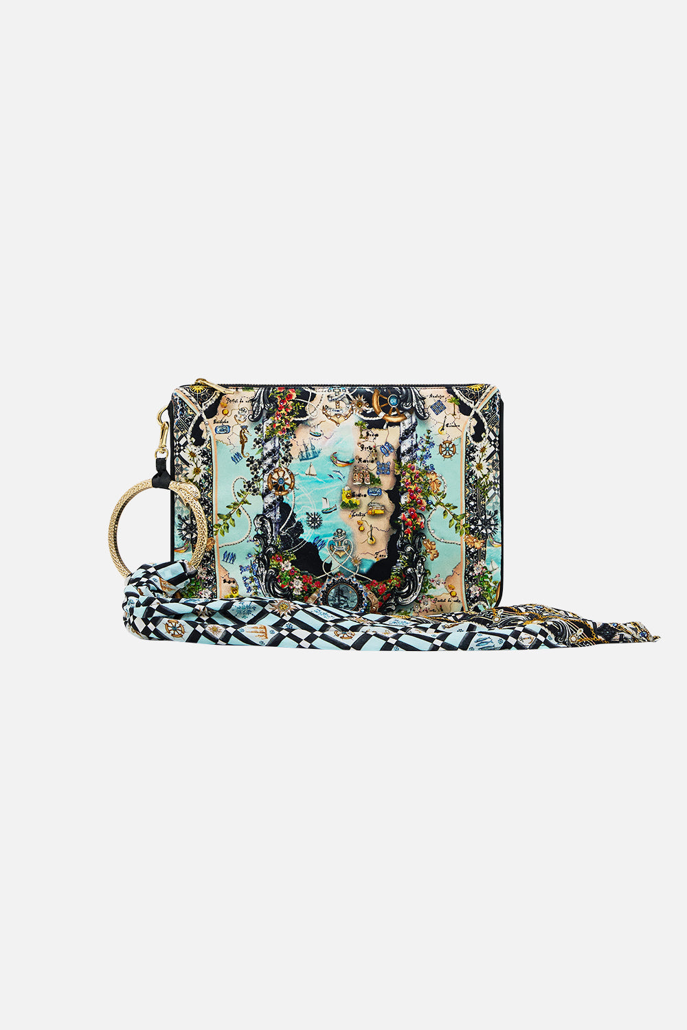 The CAMILLA Ring Scarf Clutch in our Folk Afloat print.