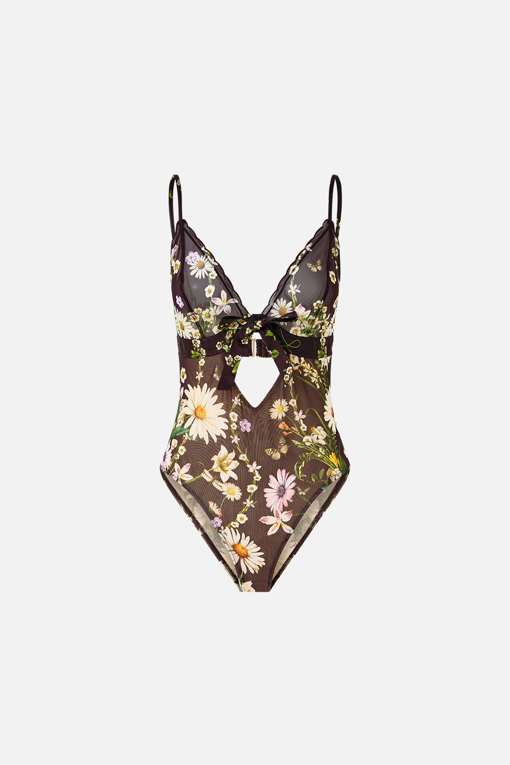 The CAMILLA Scalloped Edge Tri Bodysuit With Bow Front in our Dish It, Daisy print.