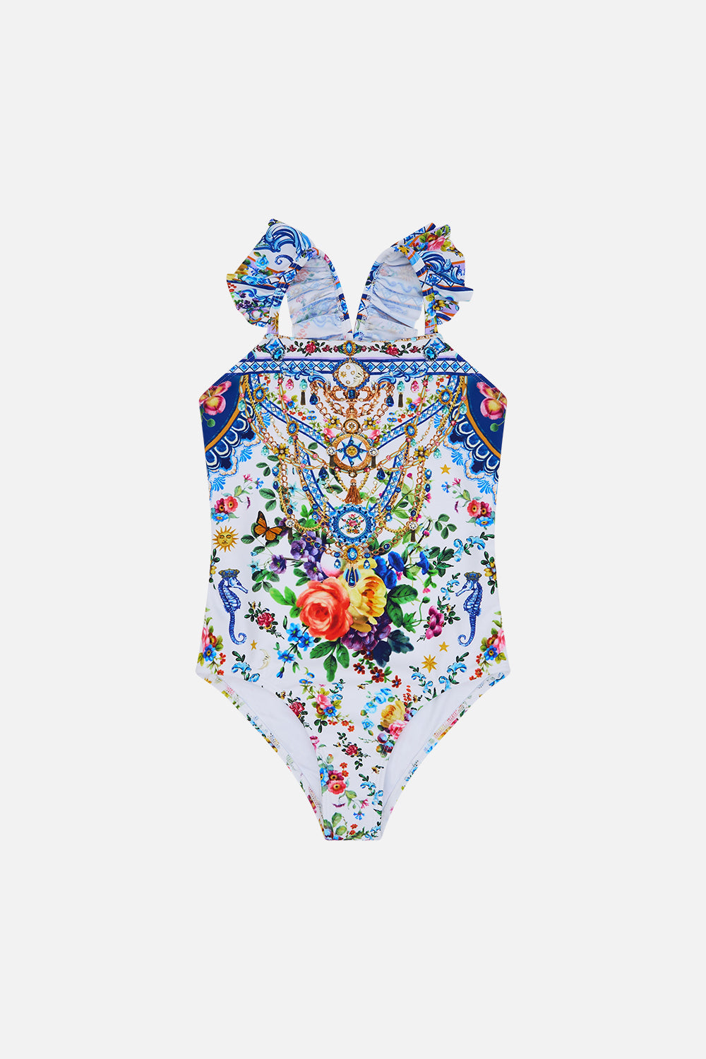 The CAMILLA Kids Straight Neck One Piece W Frill 4-10 in our Tiles Darls print.