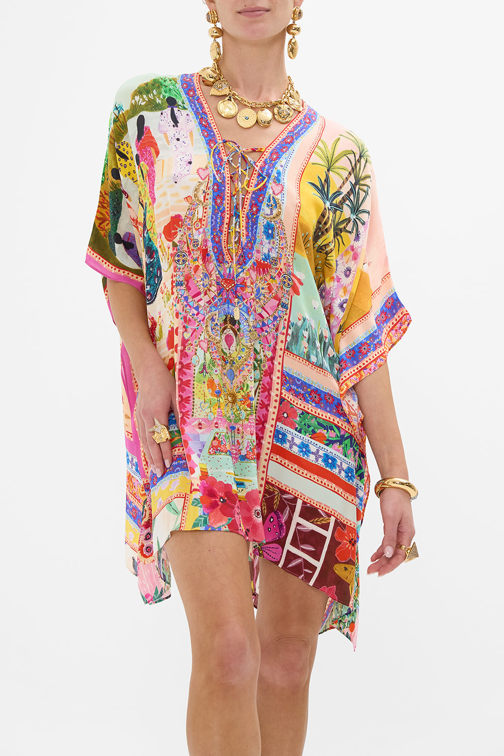 CAMILLA Short Lace Up Kaftan in Roeqiyas Realm print. 