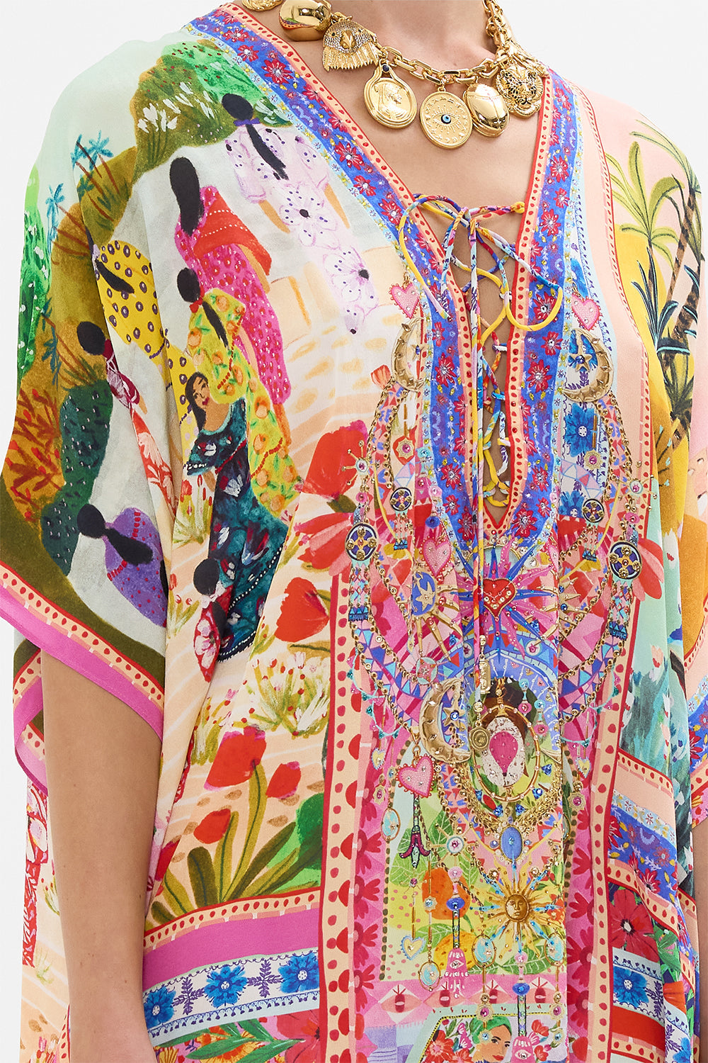 CAMILLA Short Lace Up Kaftan in Roeqiyas Realm print. 