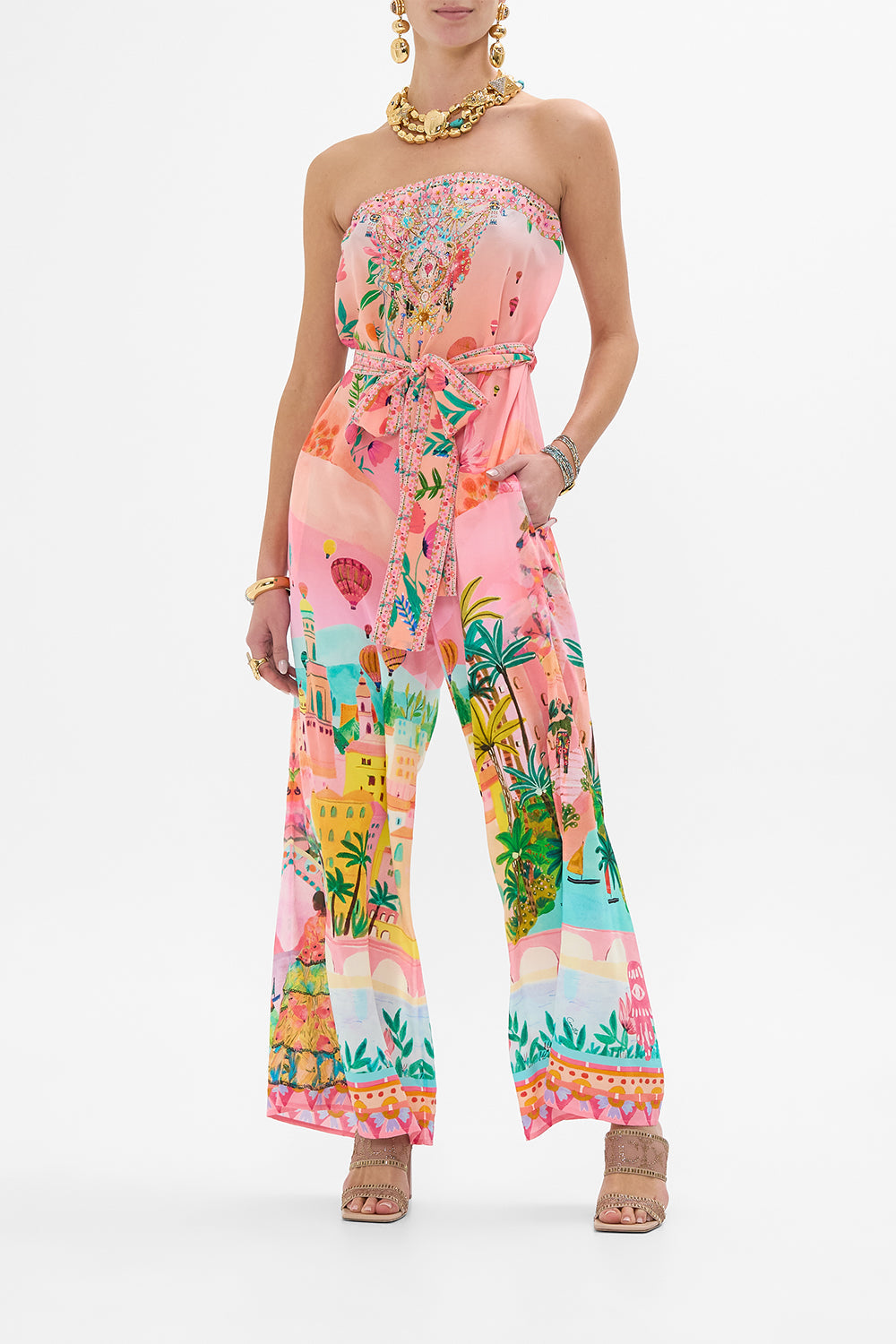 CAMILLA Tie Waist Strapless Jumpsuit in Sister Sunset print. 