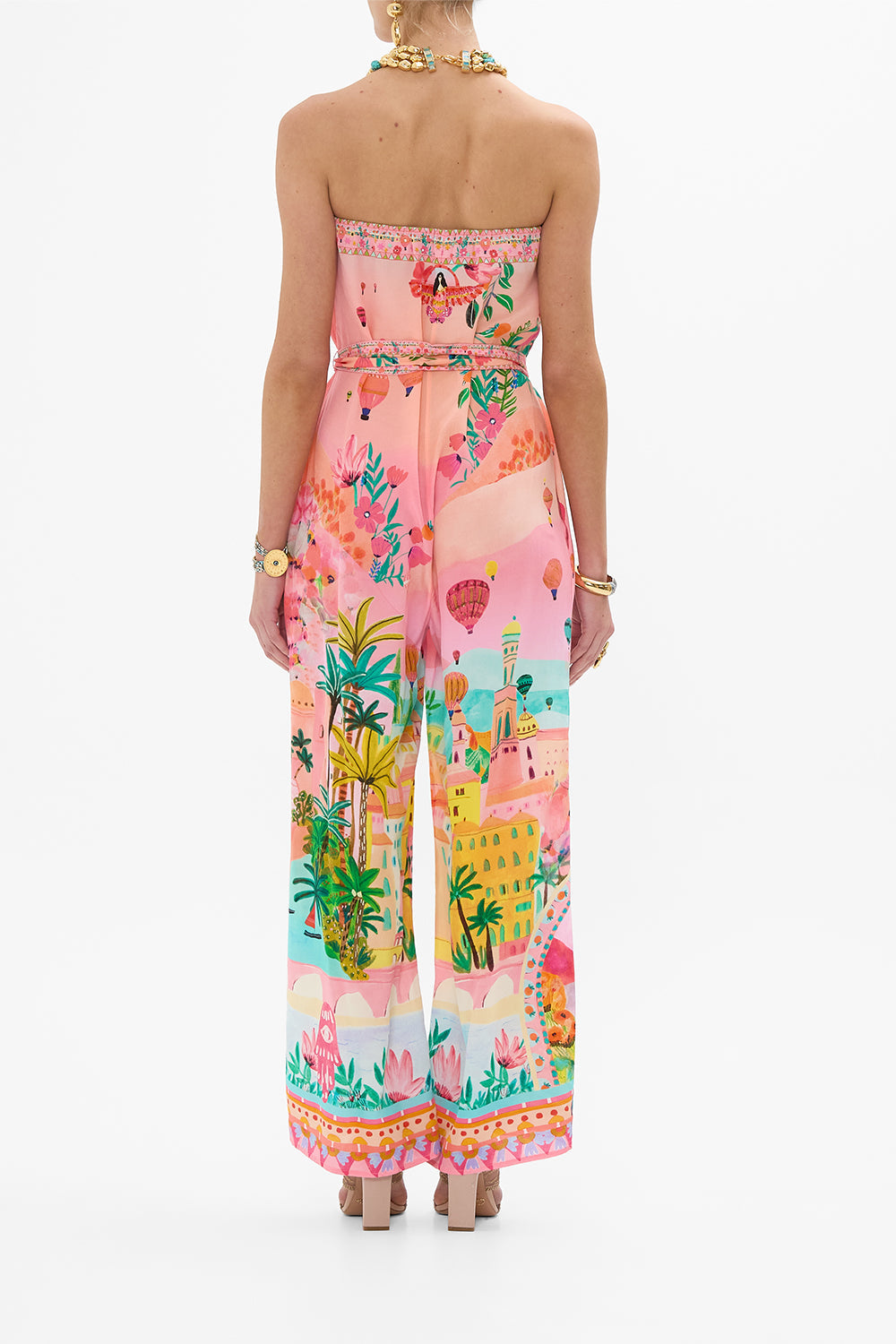CAMILLA Tie Waist Strapless Jumpsuit in Sister Sunset print. 