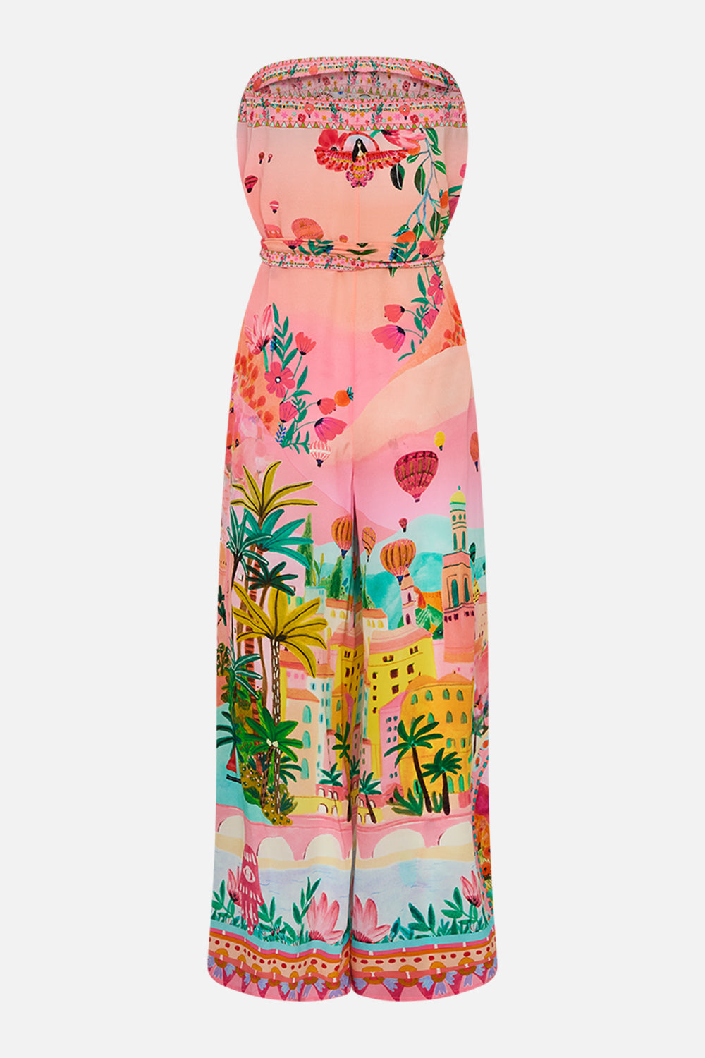 CAMILLA Tie Waist Strapless Jumpsuit in Sister Sunset print. 