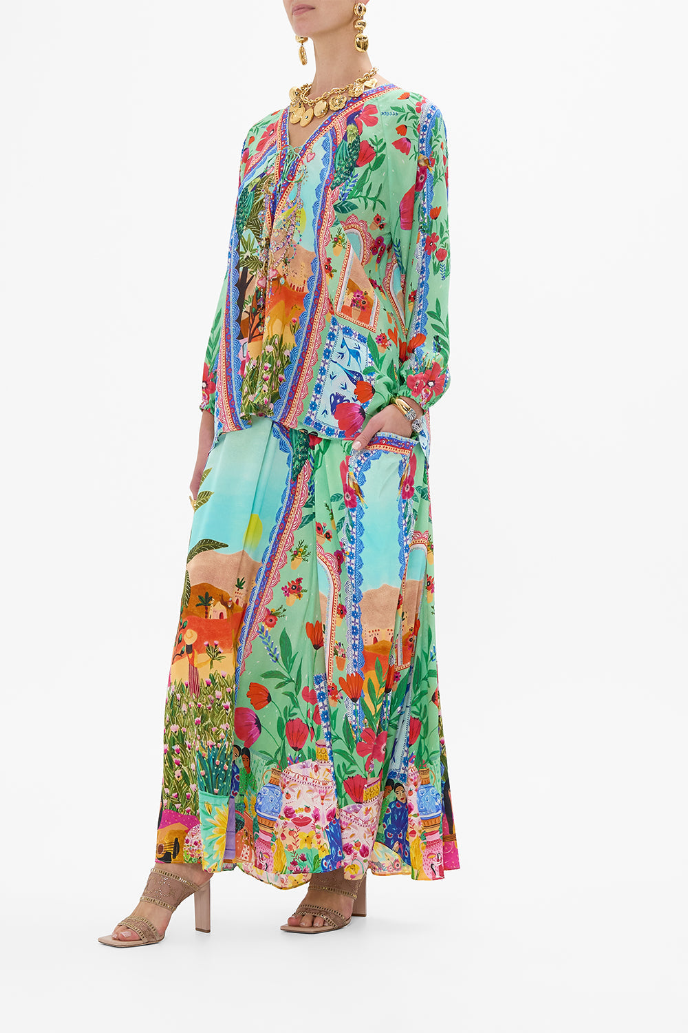 CAMILLA Lace Up Blouse in Queens of Creation print. 