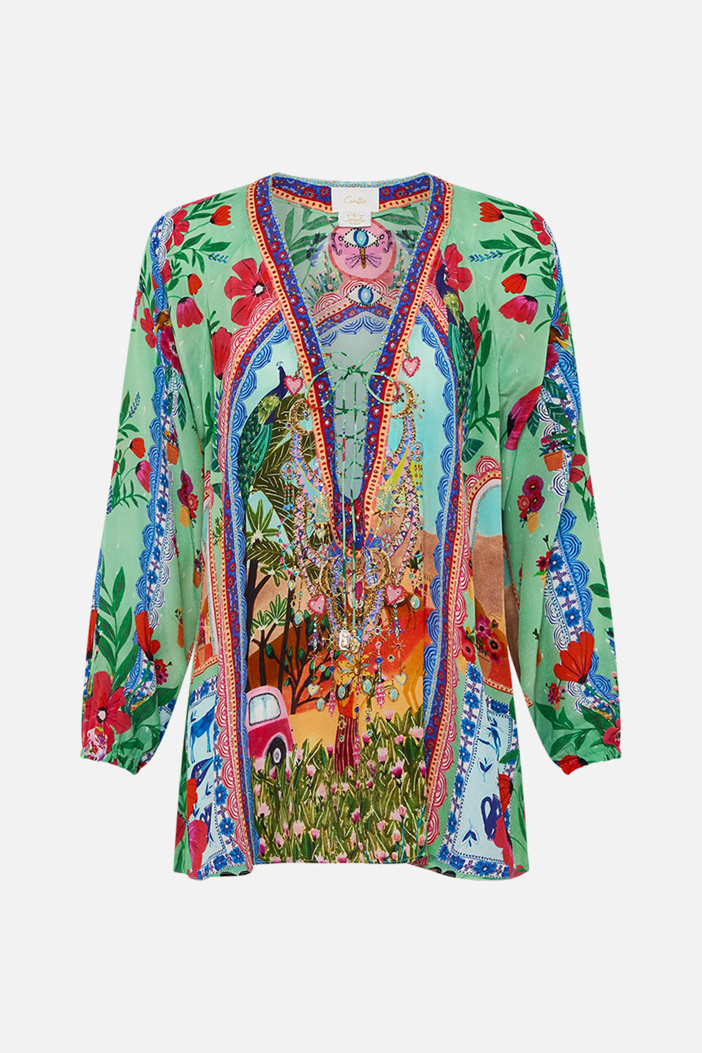 CAMILLA Lace Up Blouse in Queens of Creation print. 