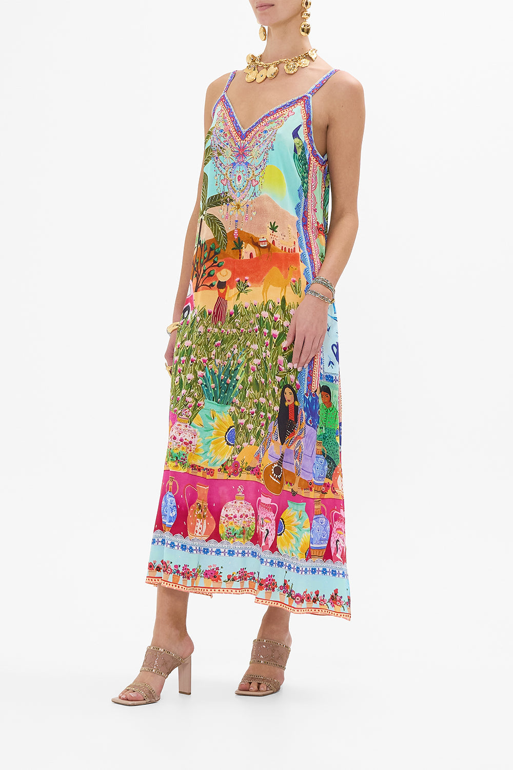 CAMILLA V Neck Midi Slip Dress in Queens of Creation print. 