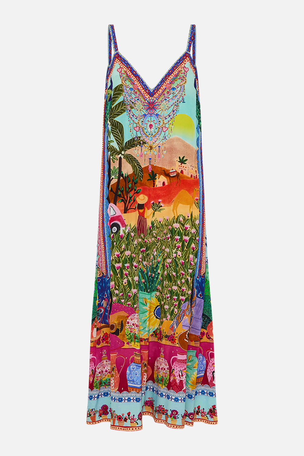 CAMILLA V Neck Midi Slip Dress in Queens of Creation print. 