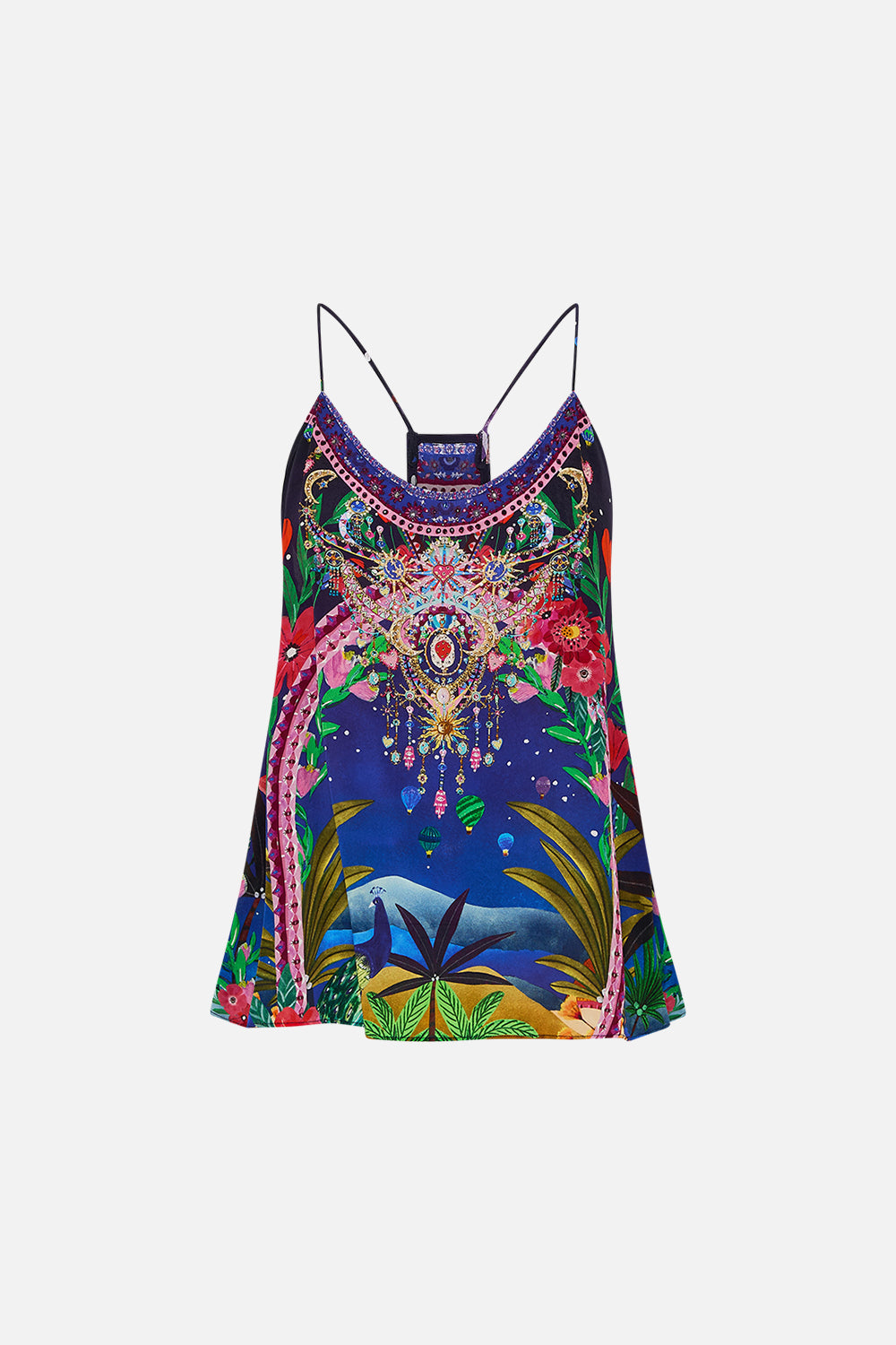 CAMILA T Back Shoestring Top in Midnight Muses print. 