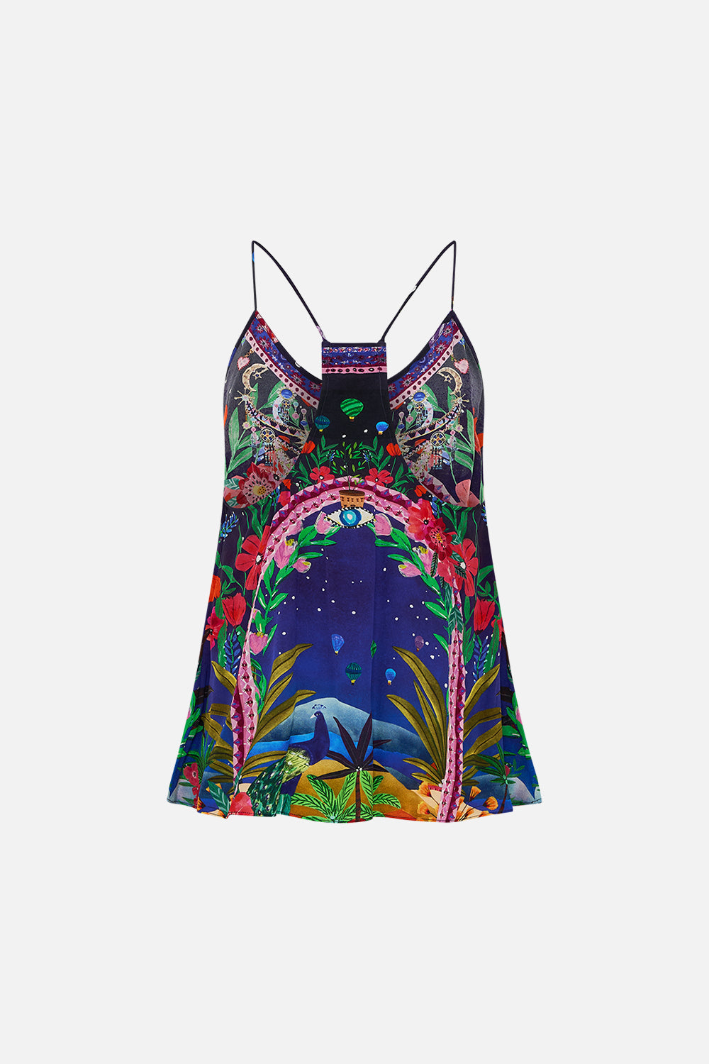 CAMILA T Back Shoestring Top in Midnight Muses print. 