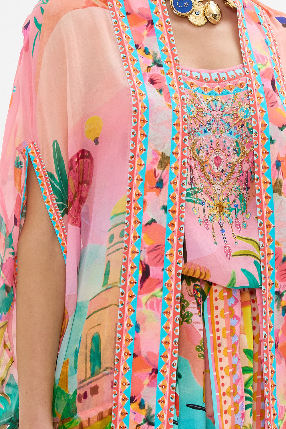 CAMILLA Open Front Cardi Cape in Sister Sunset print