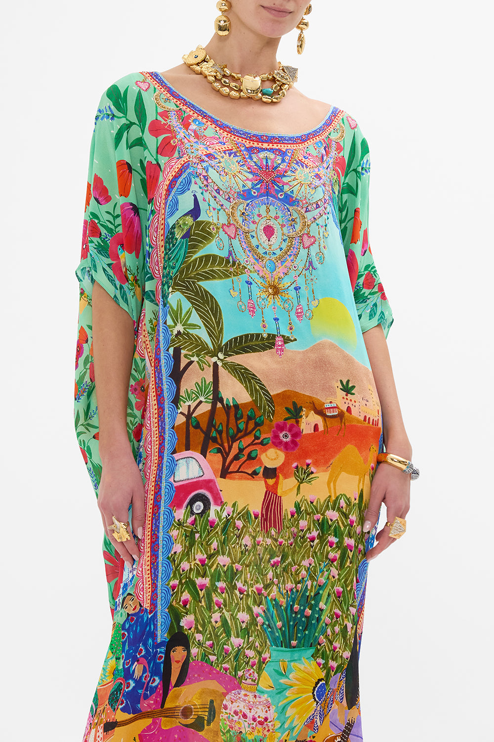 CAMILLA Round Neck Kaftan in Queens of Creation print. 
