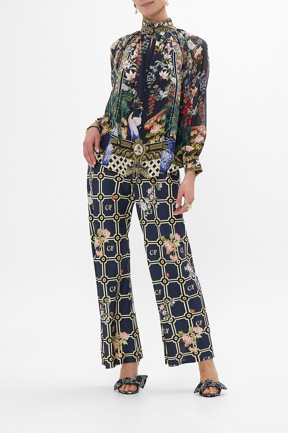 The CAMILLA FRILL SLEEVE LONG DRESS VENUS ON A VESPA in our  print.