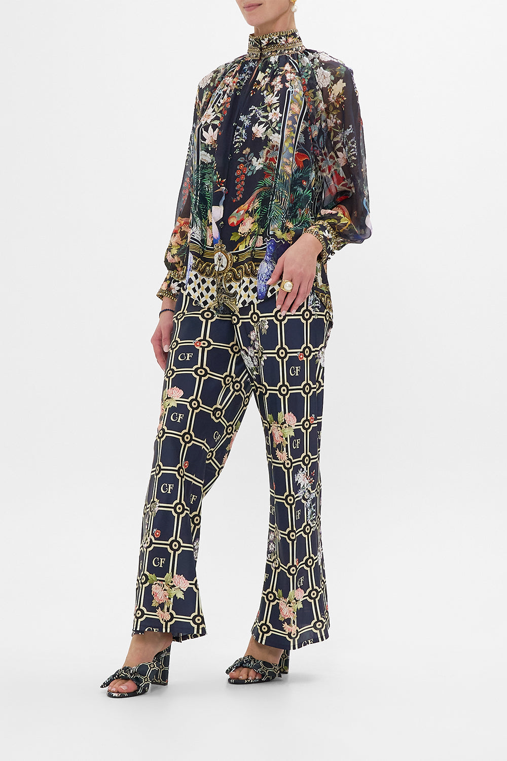 The CAMILLA FRILL SLEEVE LONG DRESS VENUS ON A VESPA in our  print.