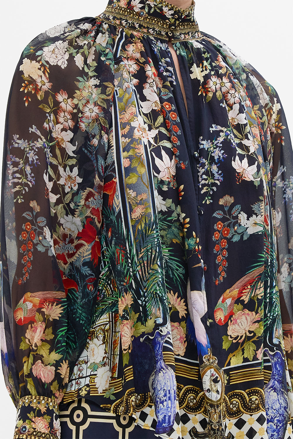 The CAMILLA CROPPED WRAP SHIRT SONG OF SAINT ANTHONY in our SONG OF SAINT ANTHONY print.