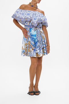 CAMILLA Shoulder Frill Short Dress in Azul Adventures print