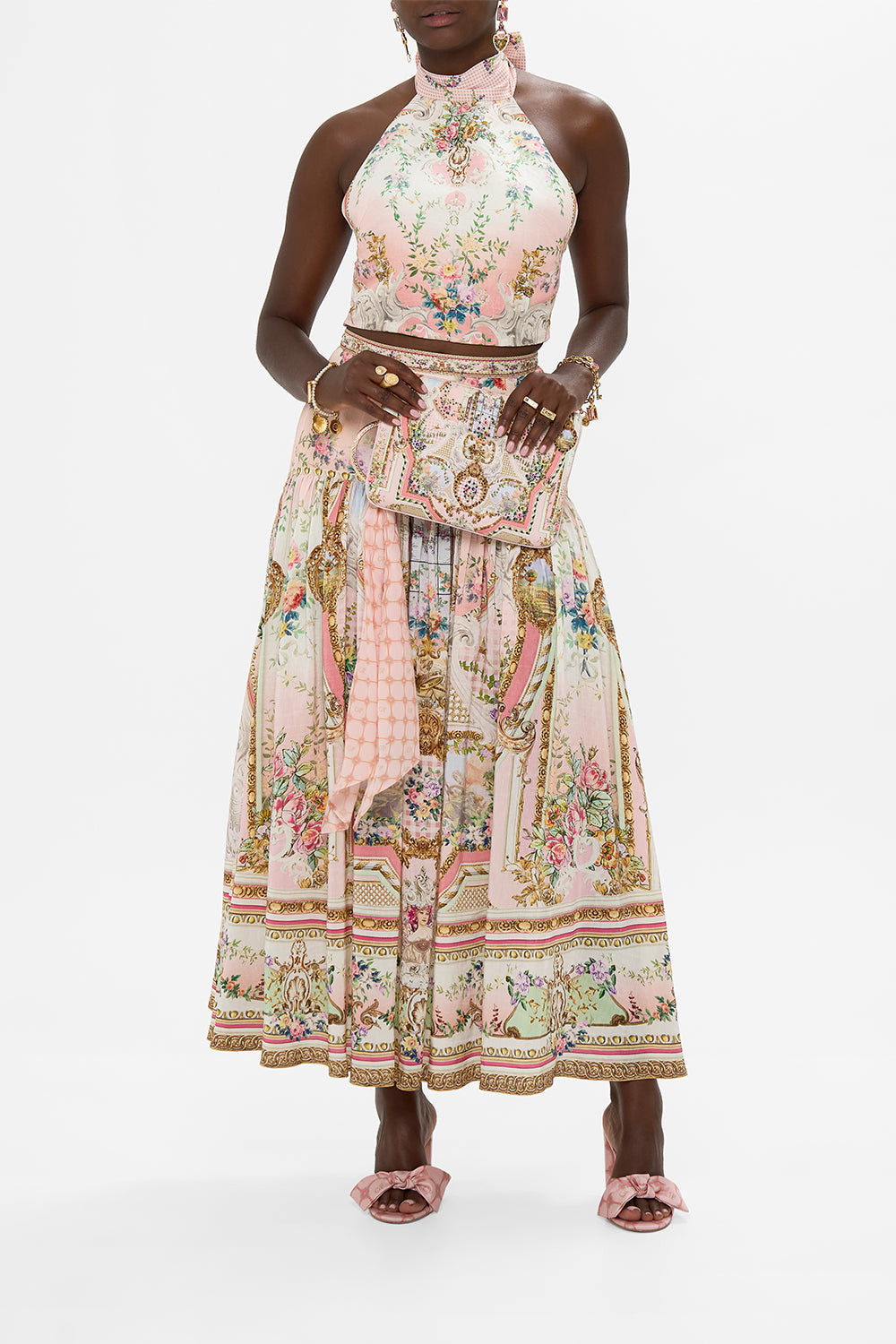 The CAMILLA TIERED SHORT DRESS WITH NECK FRILL FLORAL FREEFALL in our  print.