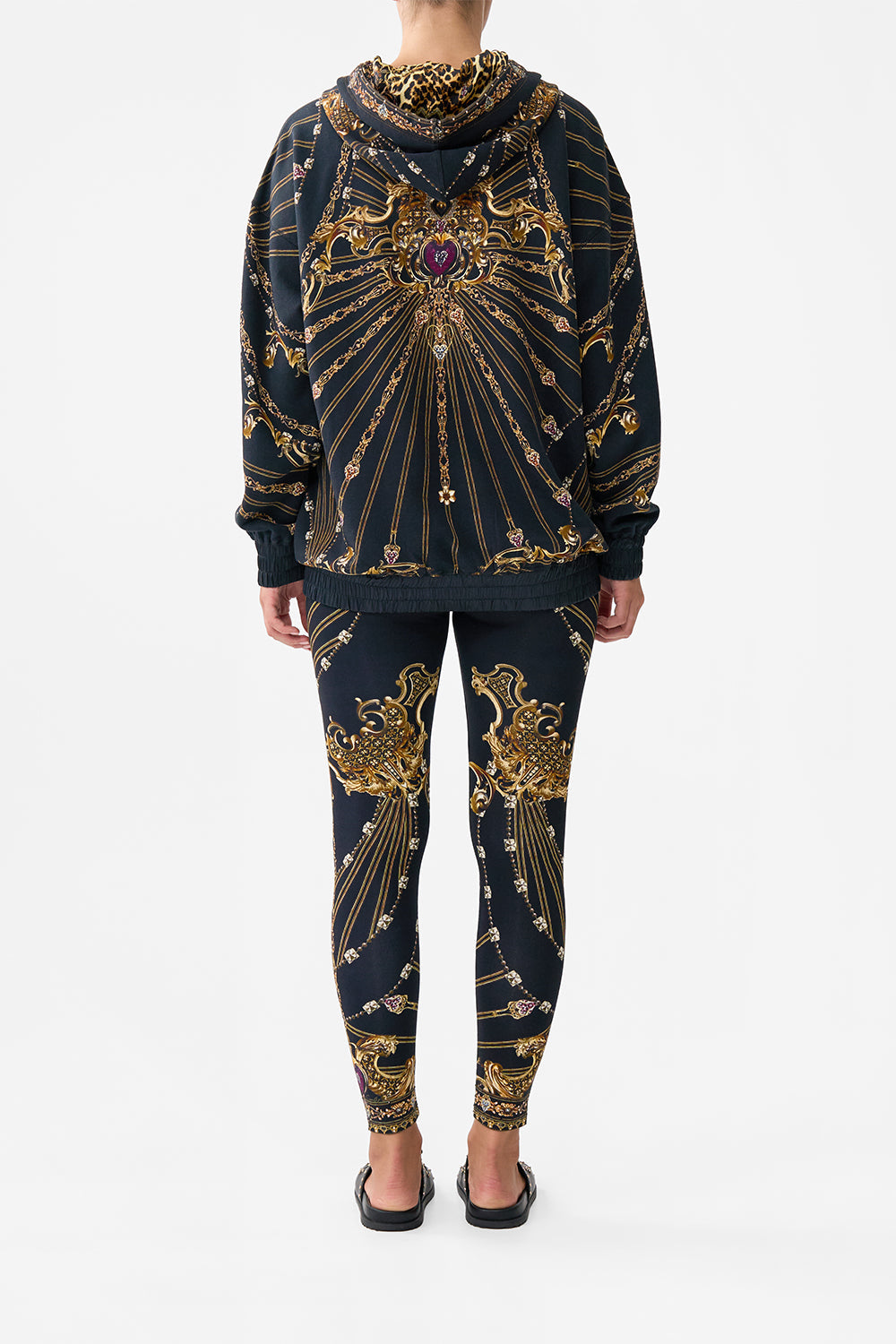 The CAMILLA SHIRRED WAIST PANT DOMINICAN DECADENCE in our  print.