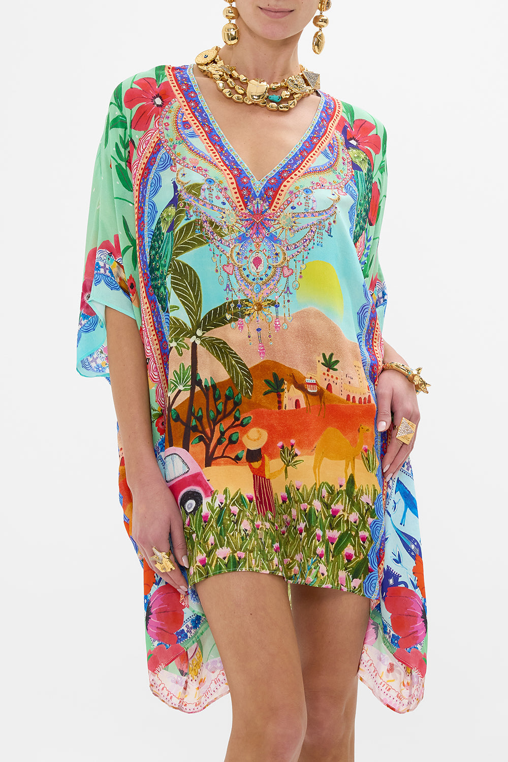 CAMILLA Rectangular v neck kaftan in Queens of Creation print. 