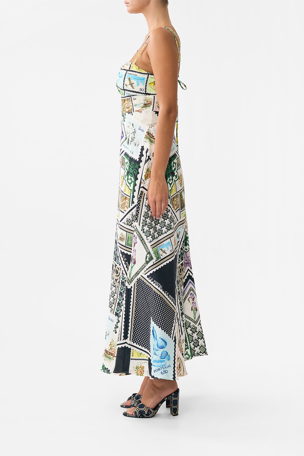 The CAMILLA LONG V NECK TWIST FRONT JERSEY DRESS ORNATE ON A PLATE in our ORNATE ON A PLATE print.