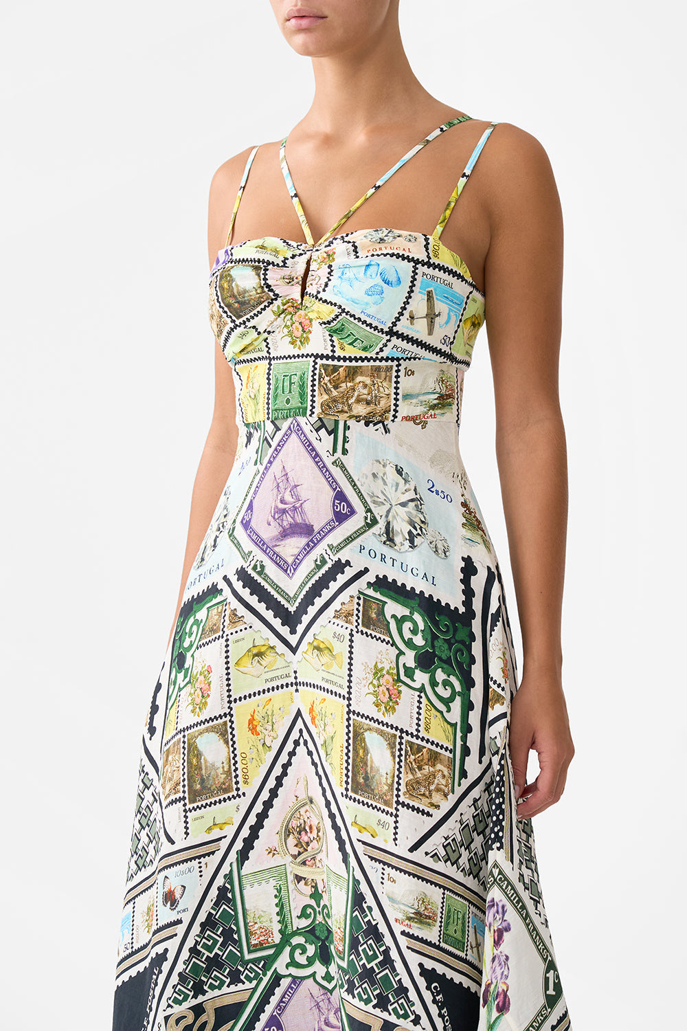 The CAMILLA LONG V NECK TWIST FRONT JERSEY DRESS ORNATE ON A PLATE in our  print.