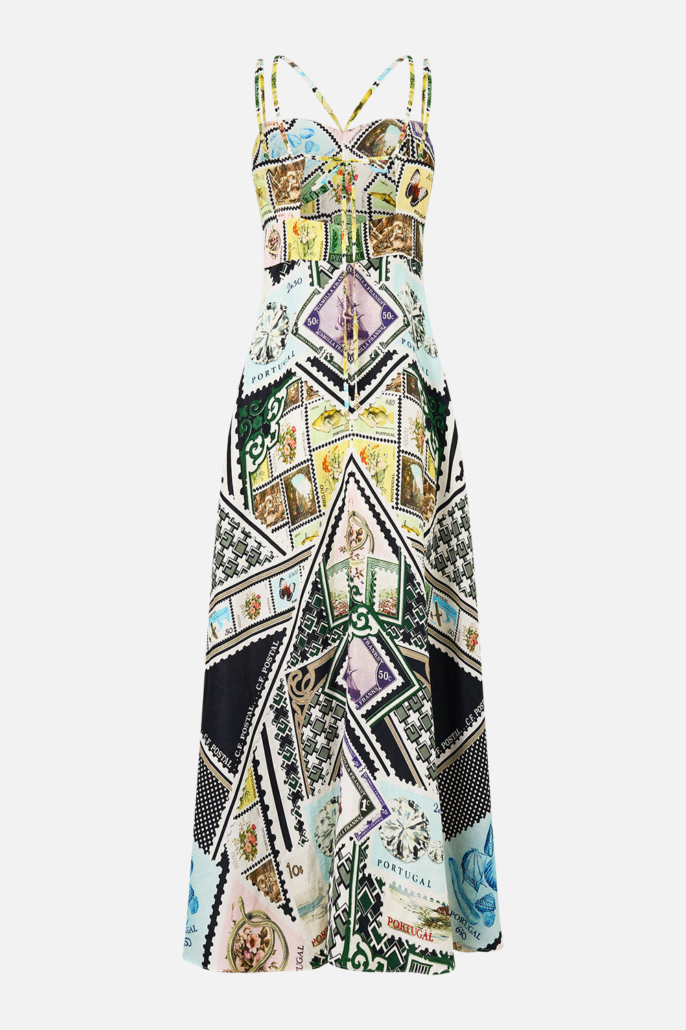 The CAMILLA LONG V NECK TWIST FRONT JERSEY DRESS ORNATE ON A PLATE in our  print.