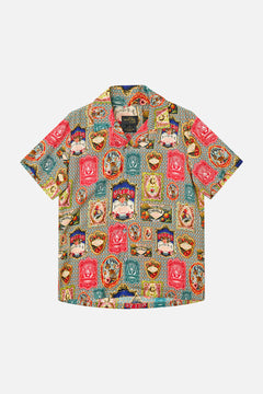 The CAMILLA Boys Short Sleeve Camp Collared Shirt 4-10 in our Aromatic Tiger Flower print.