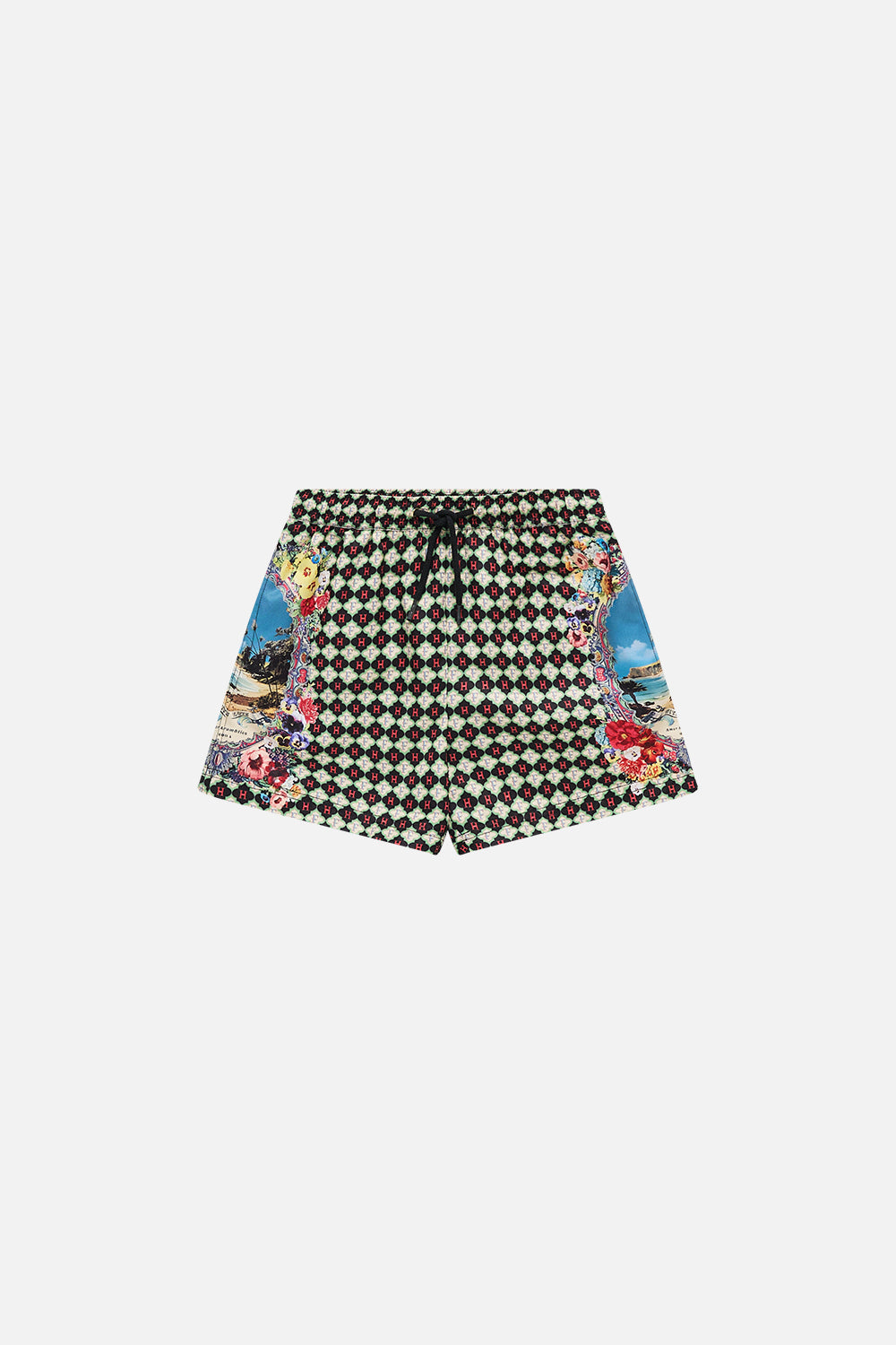 The CAMILLA Boys Mid Boardshort With Elastic Waist 4-10 in our Bathing Bombshell print.