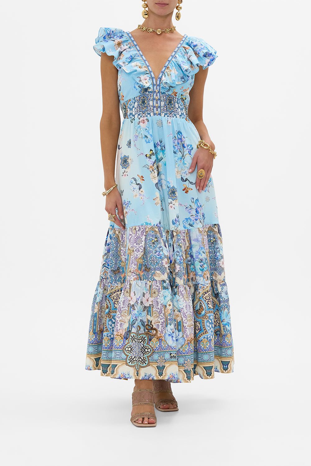 CAMILLA Tiered Dress With Neck Frill in Al Manial Palace Memoirs print