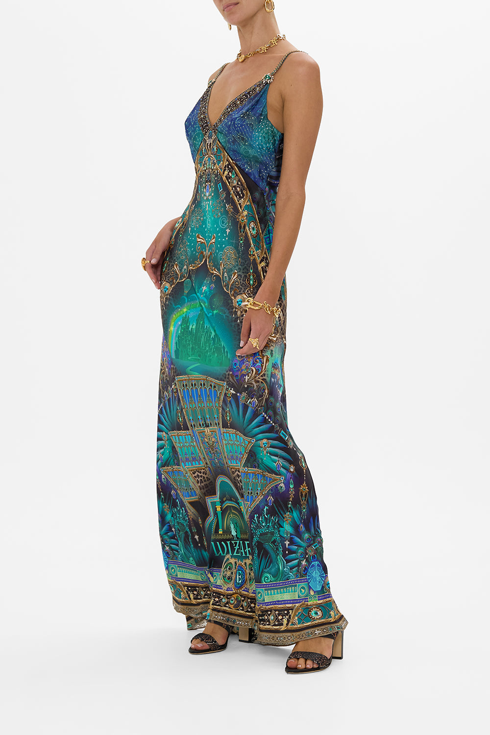 V NECK LONG BIAS SLIP DRESS WITH TRAIN DEFY GRAVITY