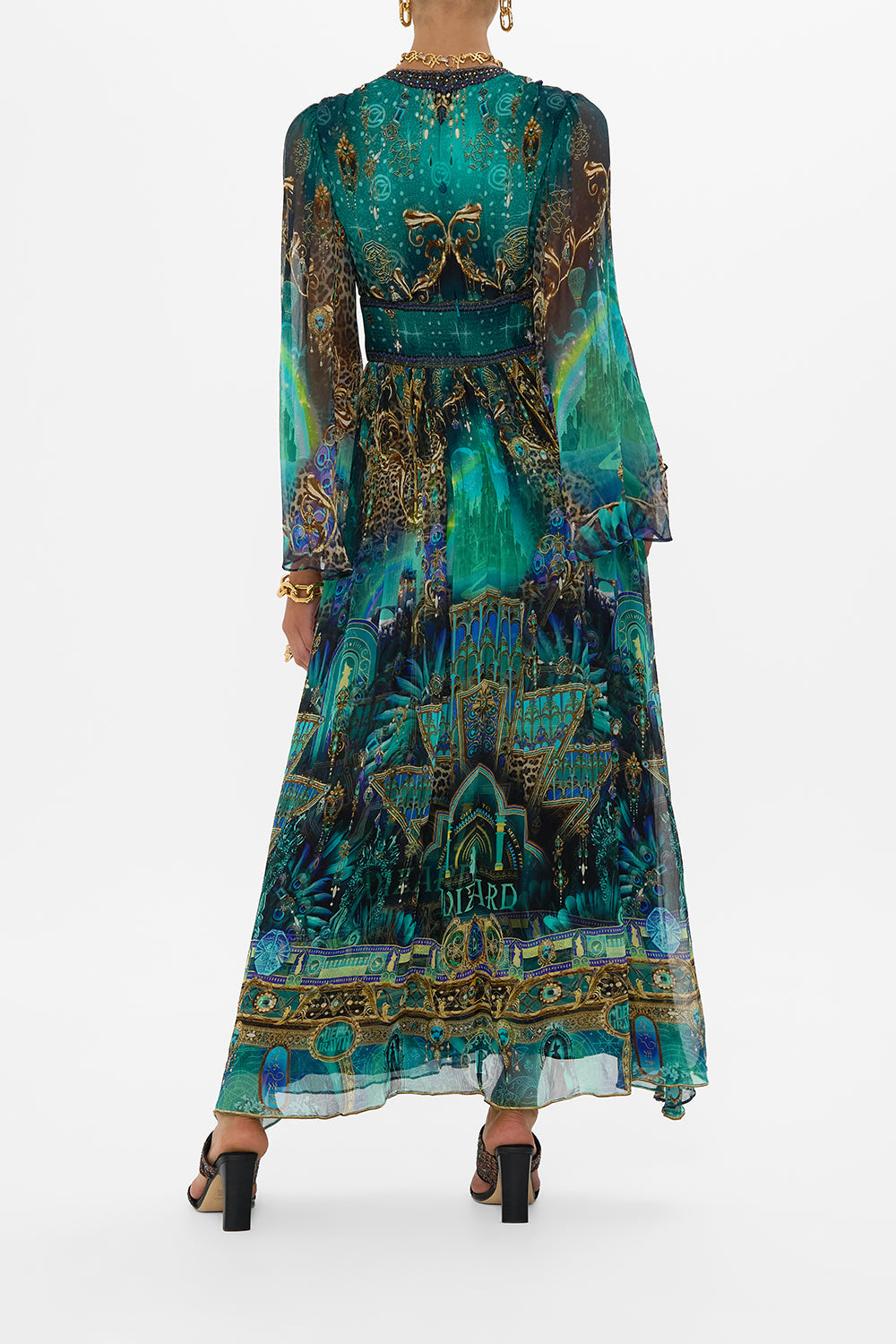 The CAMILLA LONG OFF SHOULDER FRILL DRESS WITH STRAPS WALL TO WALL WONDERS in our  print.