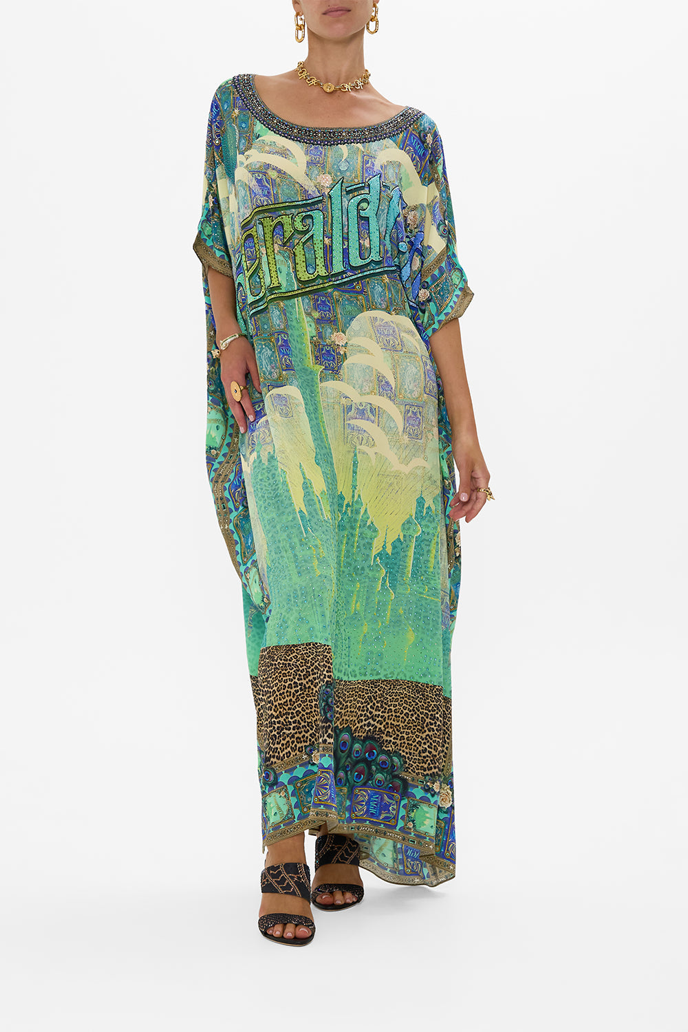 The CAMILLA V NECK FULL LENGTH BIAS SLIP DRESS WALL TO WALL WONDERS in our  print.