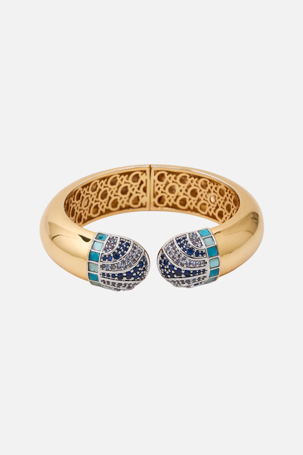CAMILLA Gold Bangle in Sacred Symbols print. 