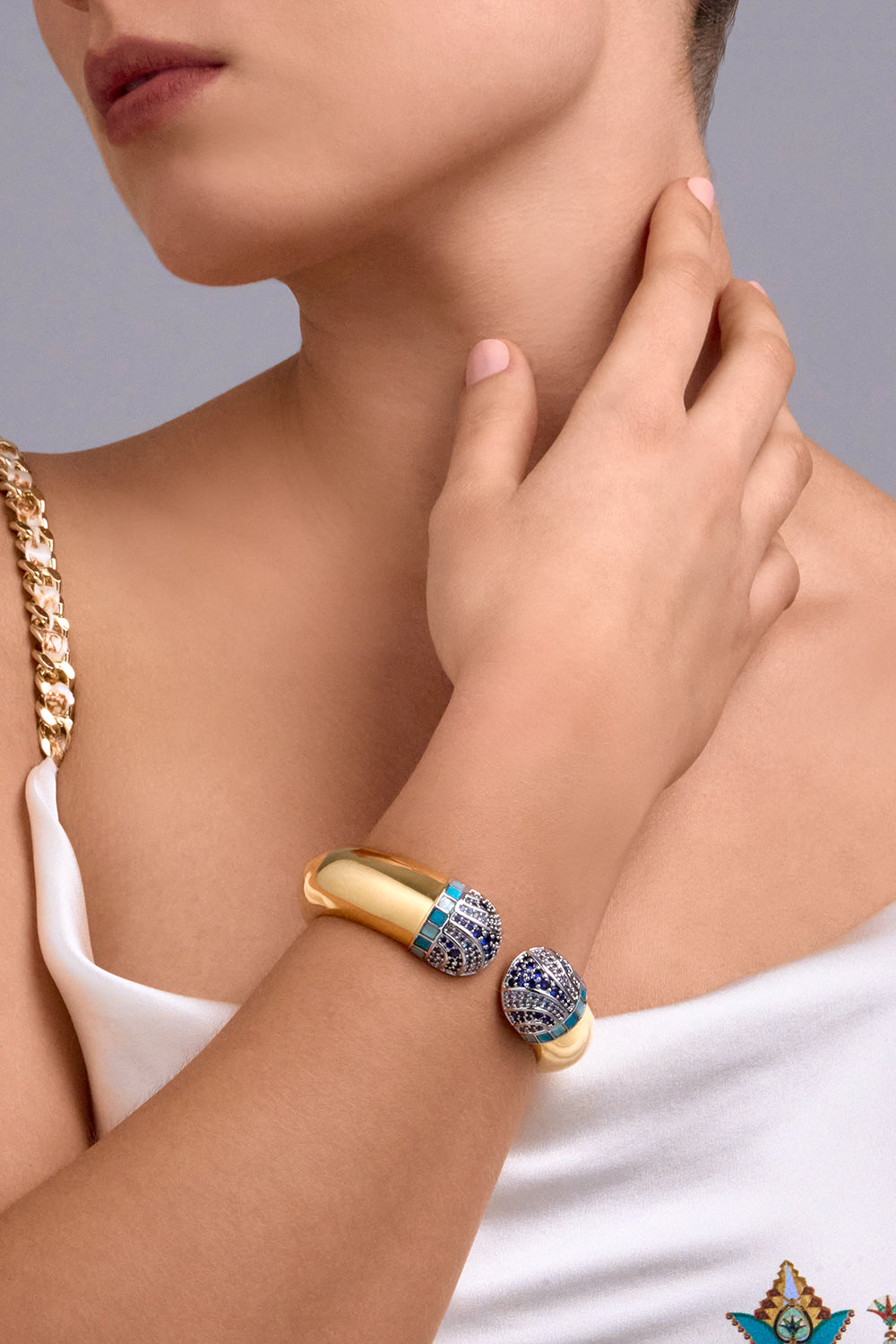 CAMILLA Gold Bangle in Sacred Symbols print. 