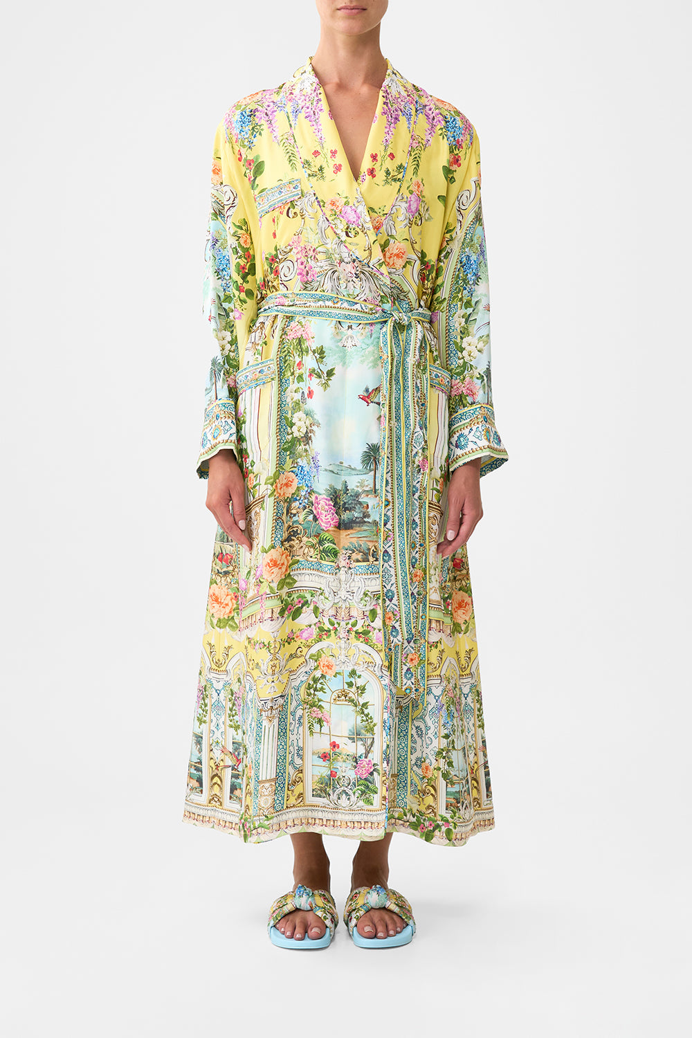 The CAMILLA BUTTON FRONT FRILL DRESS TILED IN TIME in our TILED IN TIME print.