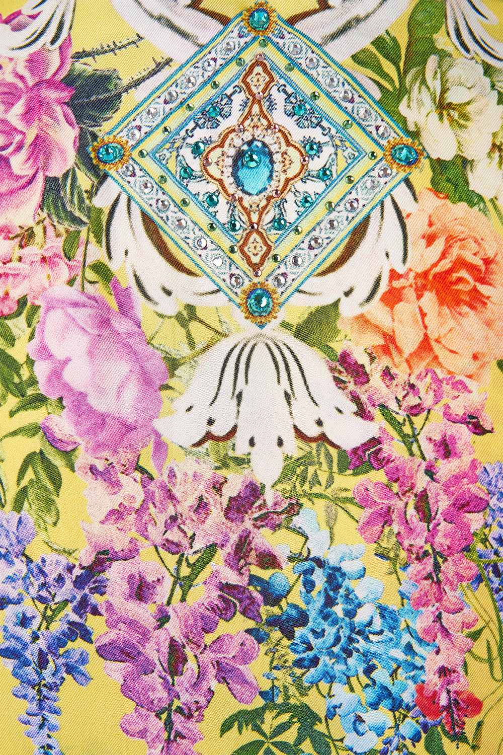 The CAMILLA BUTTON FRONT FRILL DRESS TILED IN TIME in our  print.