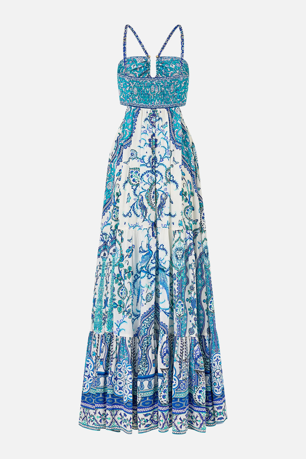 The CAMILLA gathered cut out dress from our print Isnik lullaby, back product view