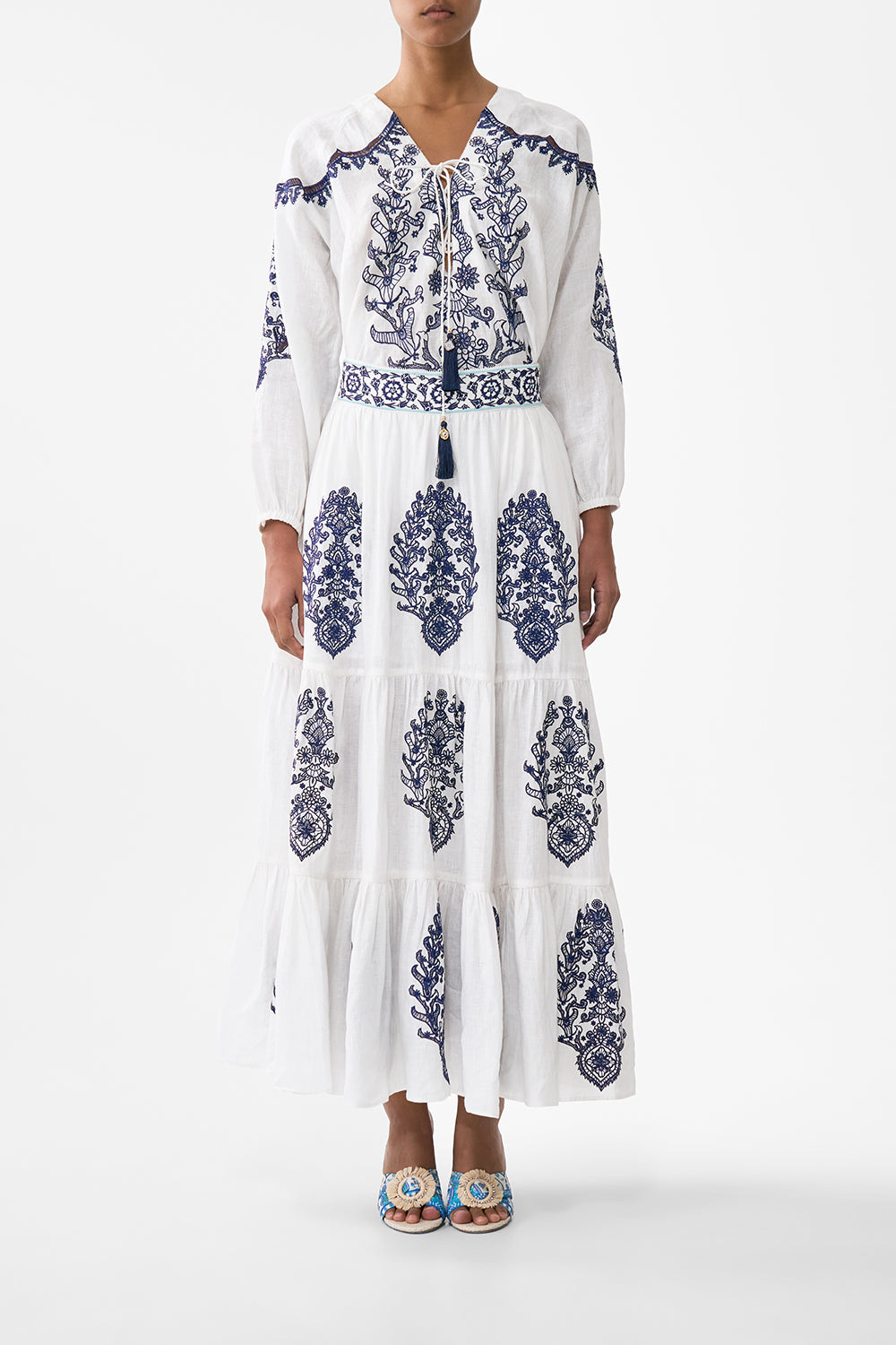The CAMILLA SHAPED WAISTBAND DRESS WITH GATHERED SLEEVES THE IMPERIAL GATE in our  print.