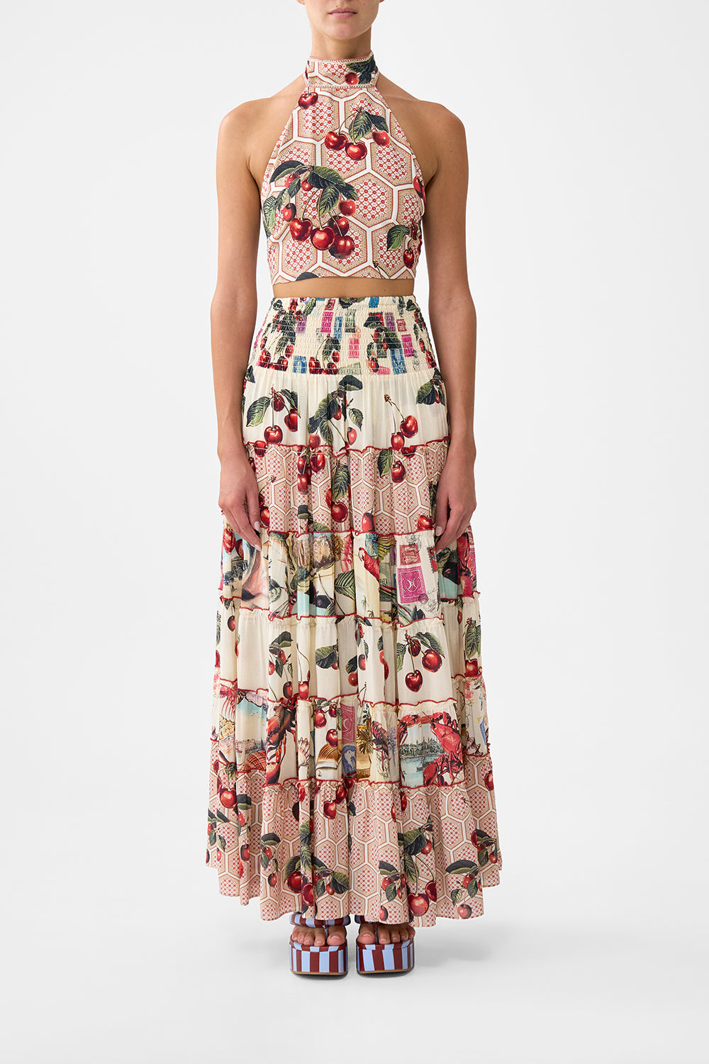 The CAMILLA TIE NECK HALTER JUMPSUIT A CERAMIC GARDEN in our A CERAMIC GARDEN print.