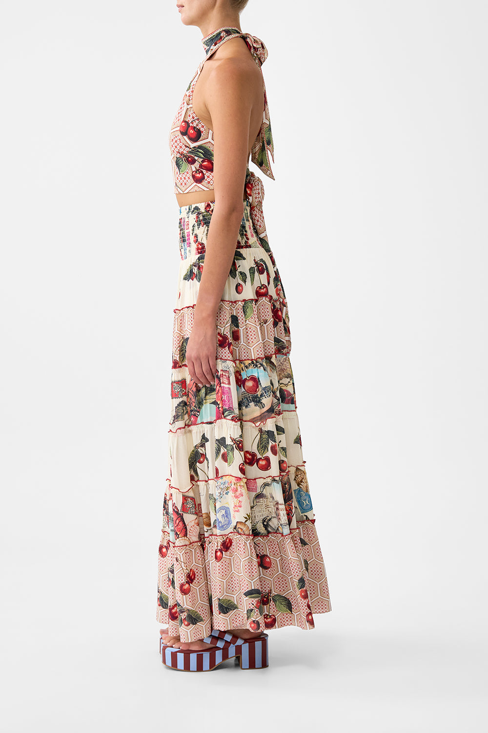 The CAMILLA TIE NECK HALTER JUMPSUIT A CERAMIC GARDEN in our  print.