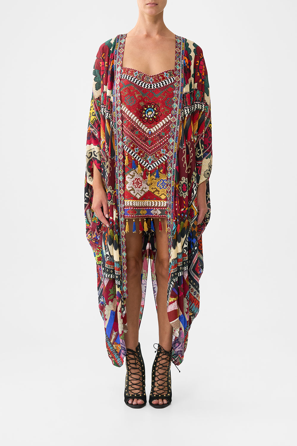 The CAMILLA WAIST TIE SHIRT DRESS WITH BUBBLE SLEEVE HIGH CLASS HOOKAH in our  print.