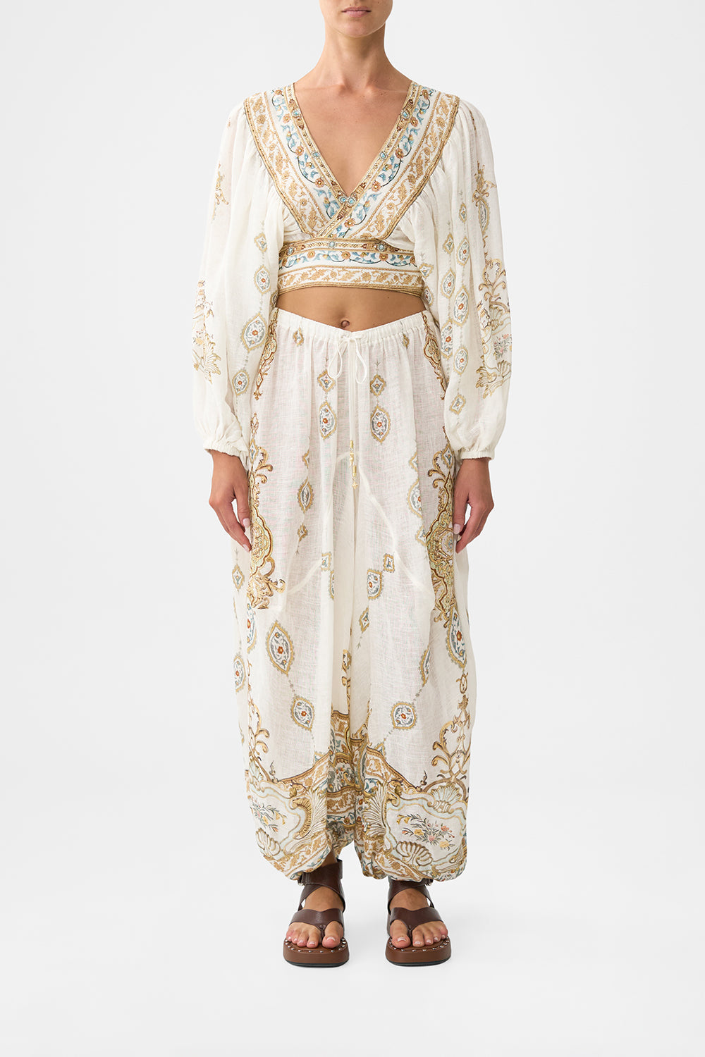 CROPPED BLOUSON SLEEVE TIE FRONT TOP OTTOMAN DYNASTY