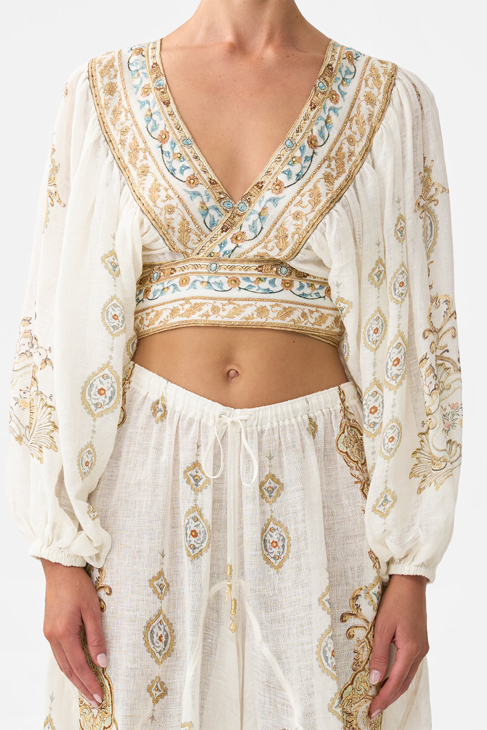 CROPPED BLOUSON SLEEVE TIE FRONT TOP OTTOMAN DYNASTY