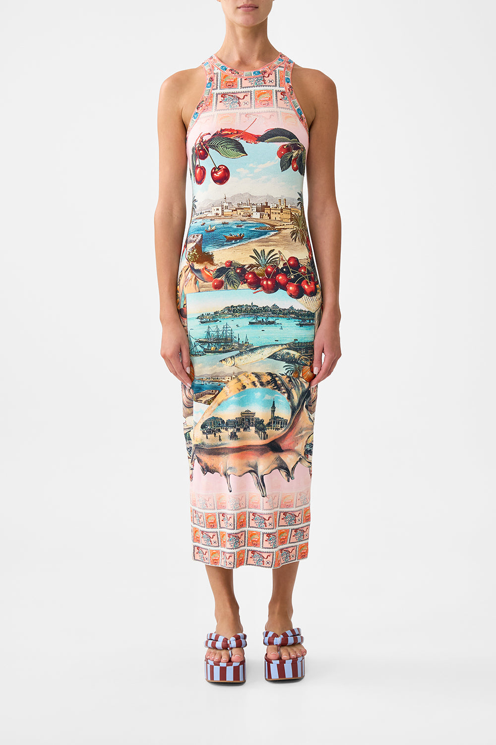 The CAMILLA PUFF SLEEVE MIDI SHIRT DRESS A CERAMIC GARDEN in our  print.