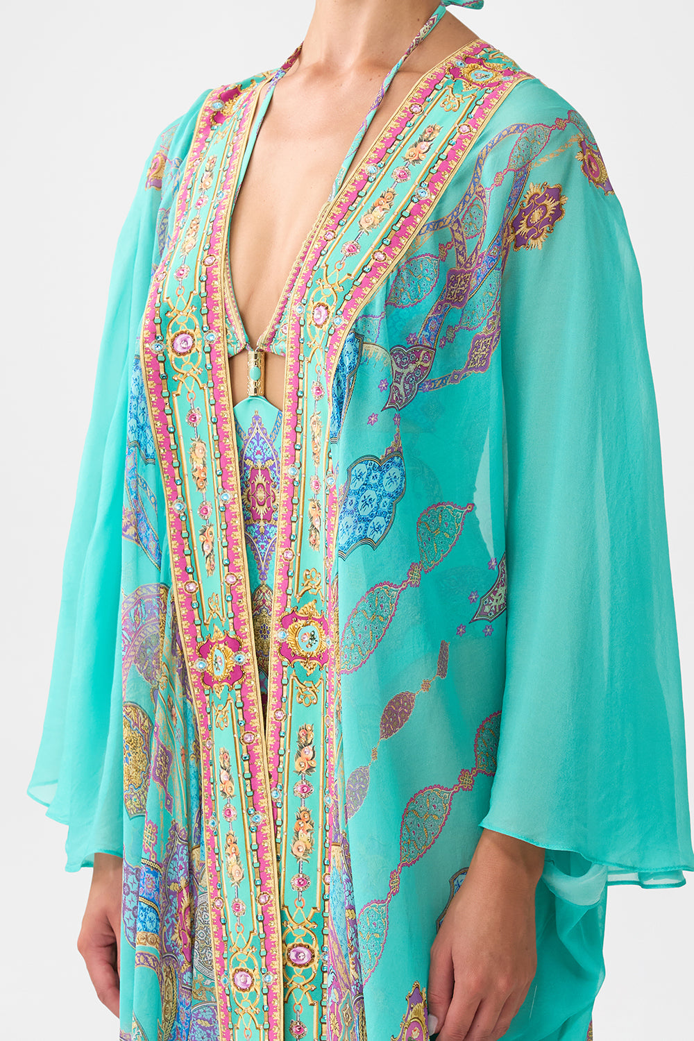 The CAMILLA LACE UP BLOUSE PATCHWORK PANORAMA in our  print.