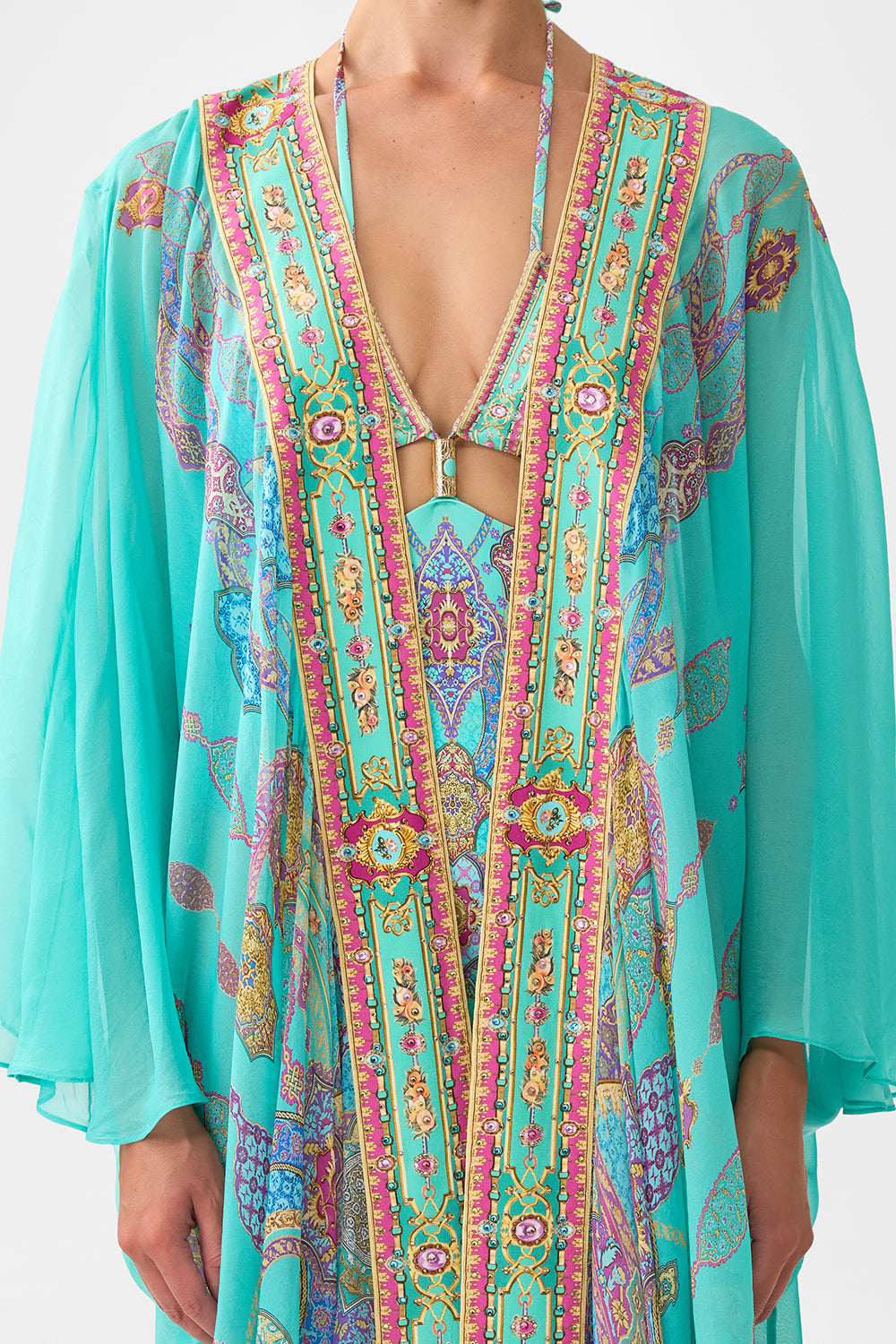The CAMILLA LACE UP BLOUSE PATCHWORK PANORAMA in our  print.