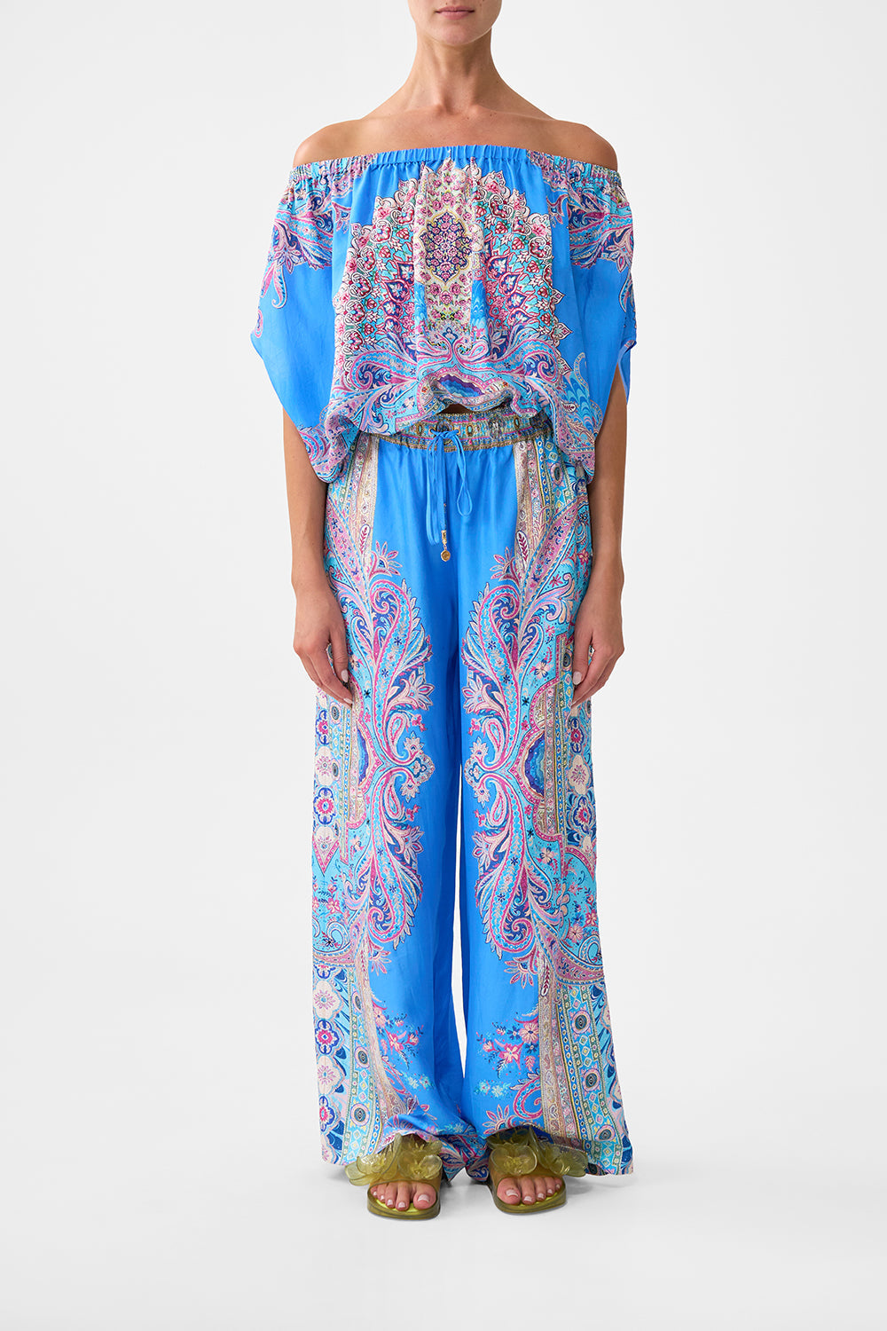 The CAMILLA LACE UP FRONT LONG DRESS PATCHWORK PANORAMA in our  print.