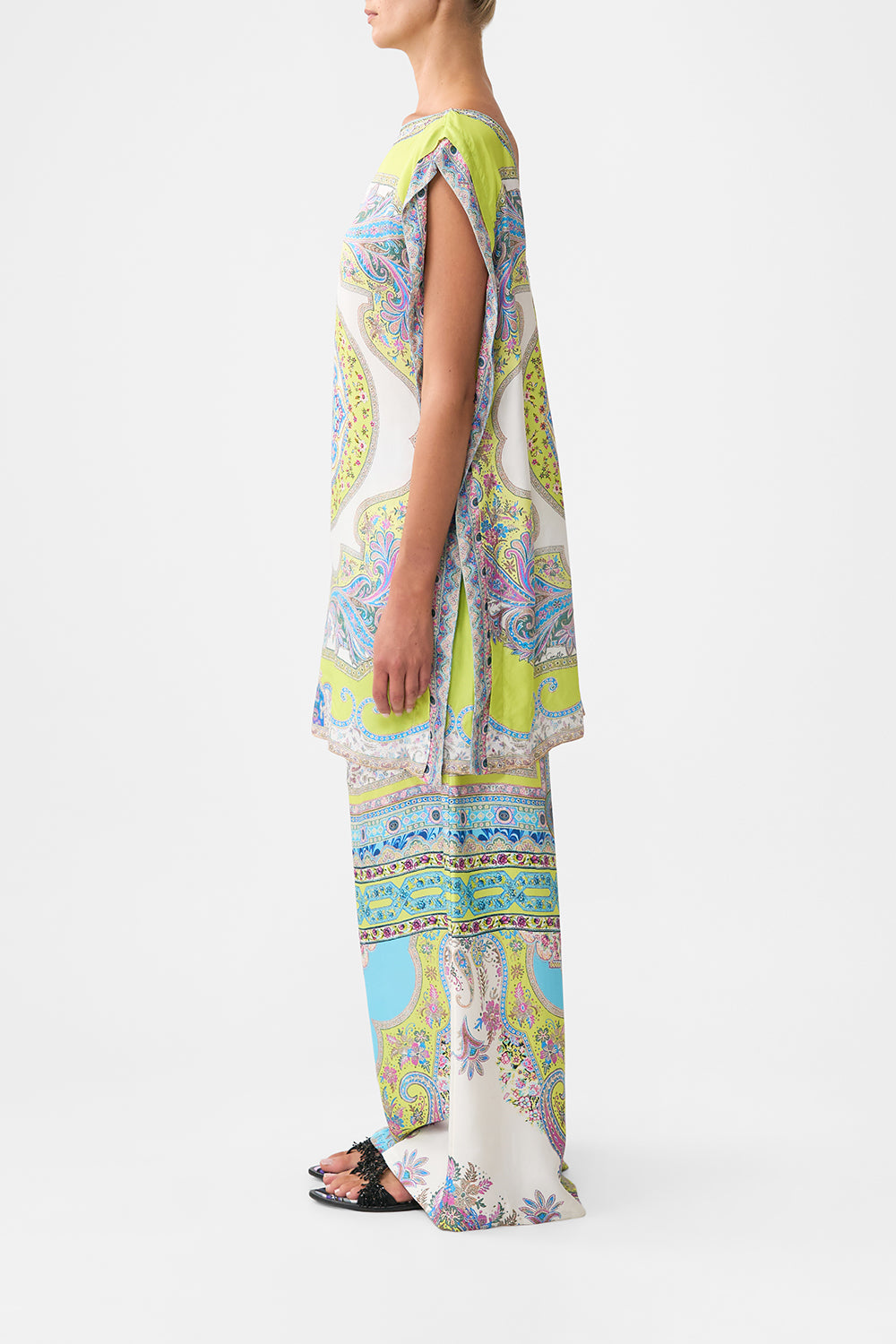The CAMILLA V-NECK LONG BIAS SLIP DRESS WITH TRAIN BOTANICAL BALLADS in our  print.