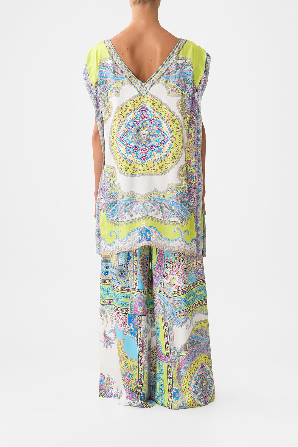 The CAMILLA V-NECK LONG BIAS SLIP DRESS WITH TRAIN BOTANICAL BALLADS in our  print.