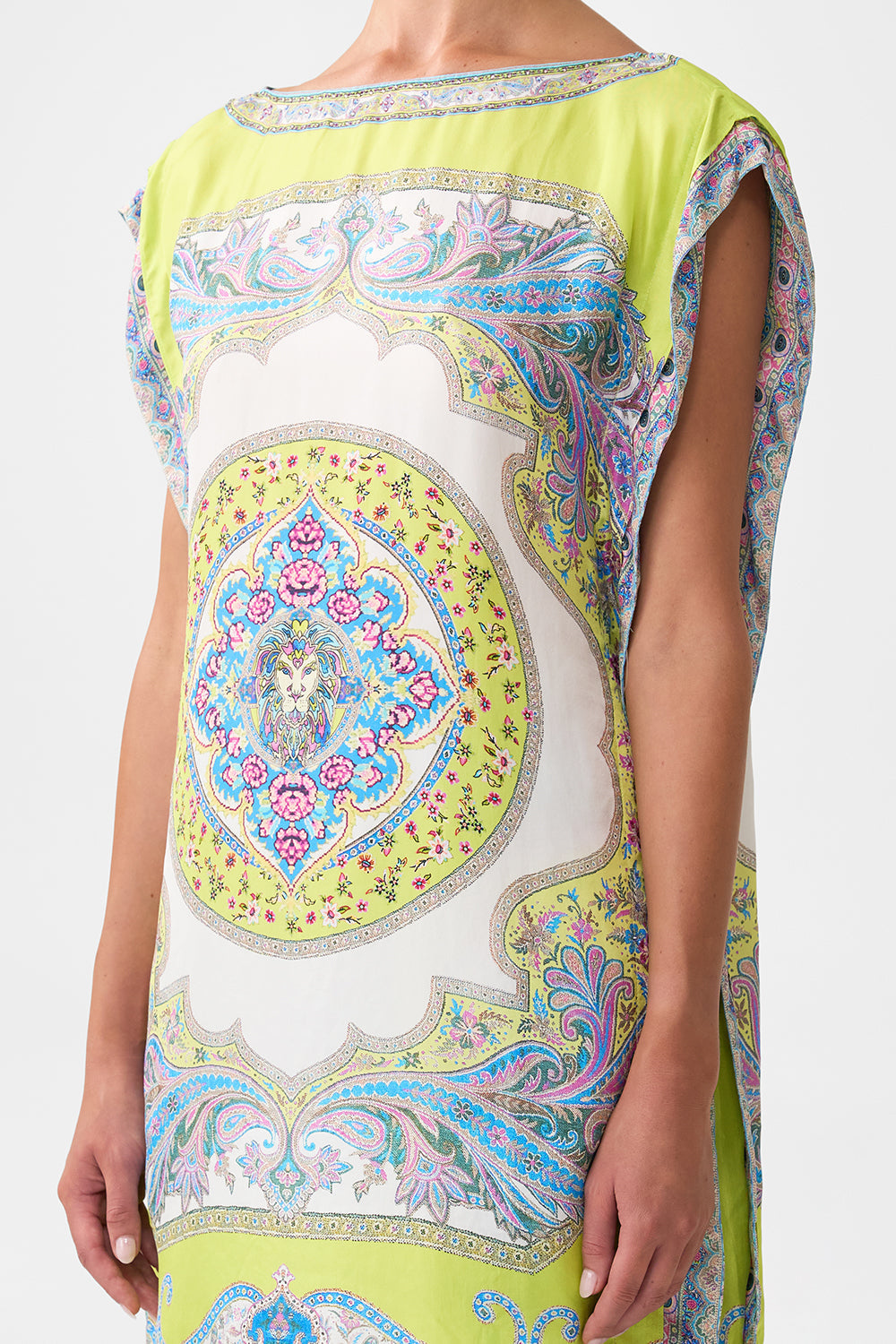 The CAMILLA V-NECK LONG BIAS SLIP DRESS WITH TRAIN BOTANICAL BALLADS in our  print.